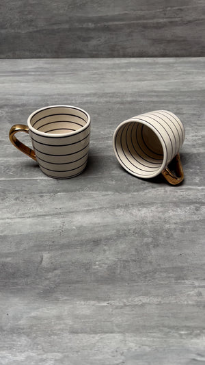 Esmee Striped Handmade Ceramic Mug with Golden Handle - Set of 2