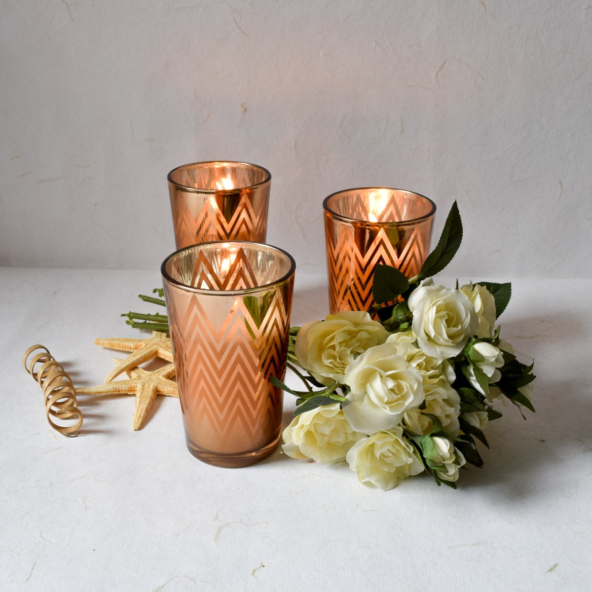 Clarisse Chevron-Pattern Copper Gold Candles - Set of 3